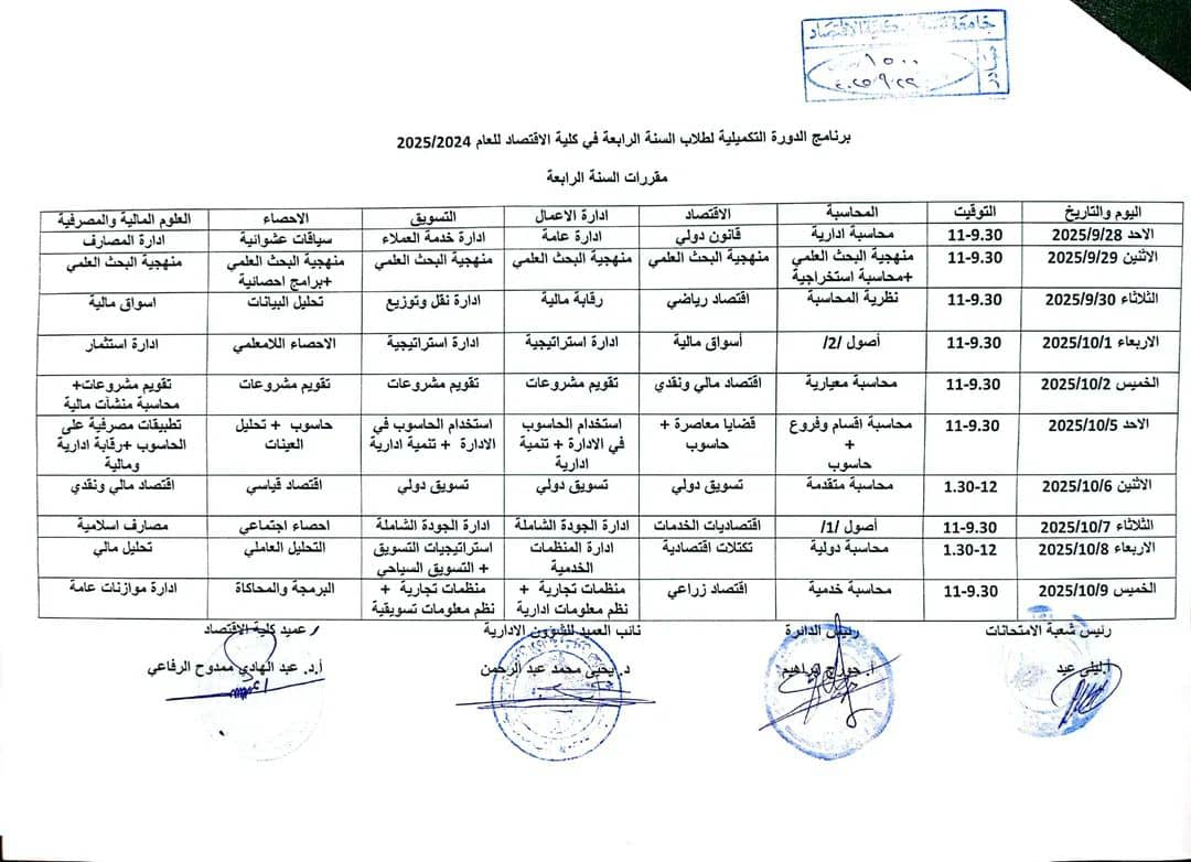 برنامج الدورة التكميلية لطلاب السنة الرابعة في كلية الاقتصاد للعام 2024-2025