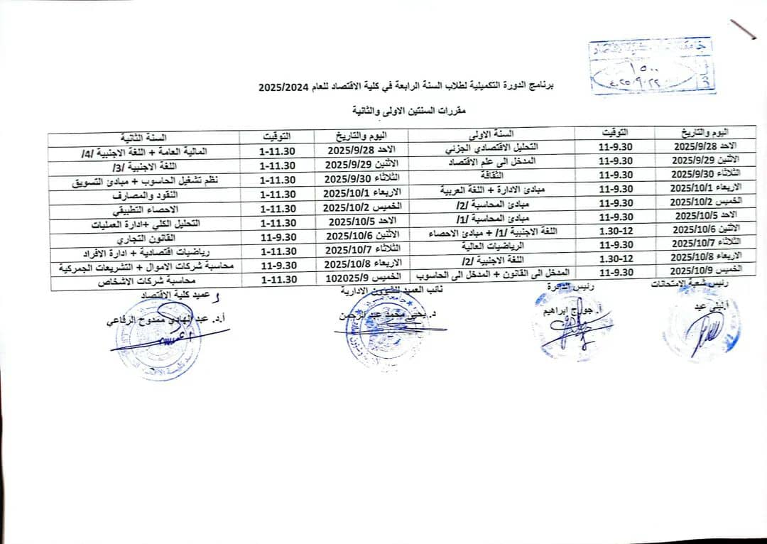 برنامج الدورة التكميلية لطلاب السنة الرابعة في كلية الاقتصاد للعام 2024-2025