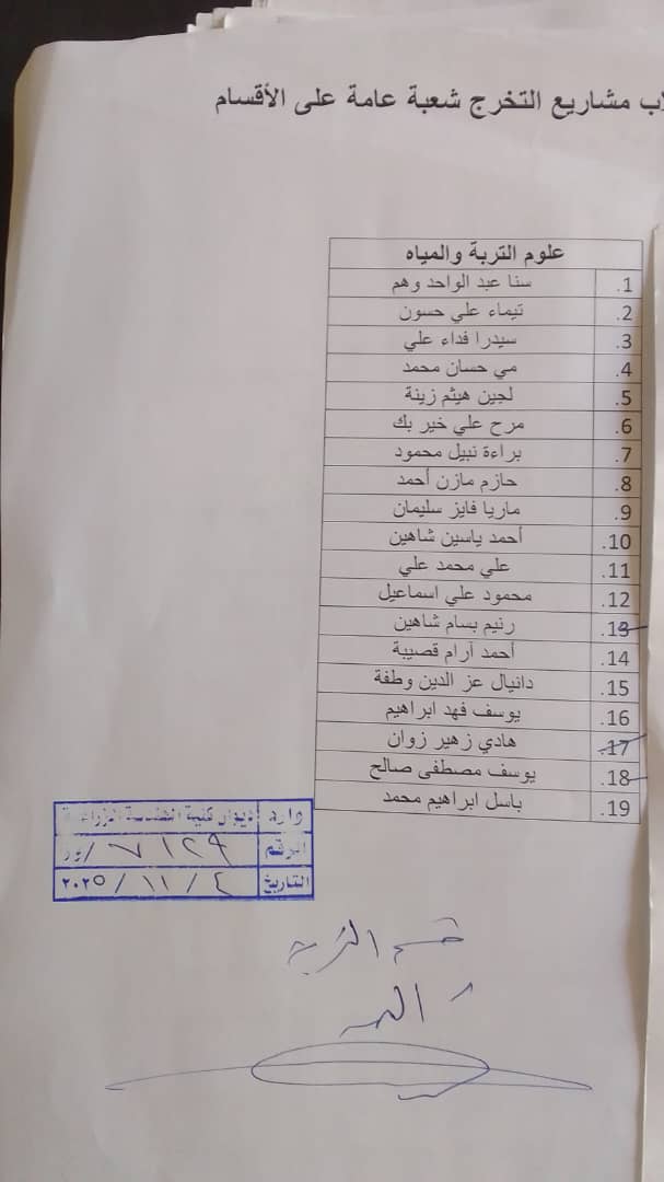 على طلاب مشاريع التخرج شعبة عامة المدرجة أسماؤھم في الجدول  مراجعة رئيس قسم علوم التربة و المياھ
