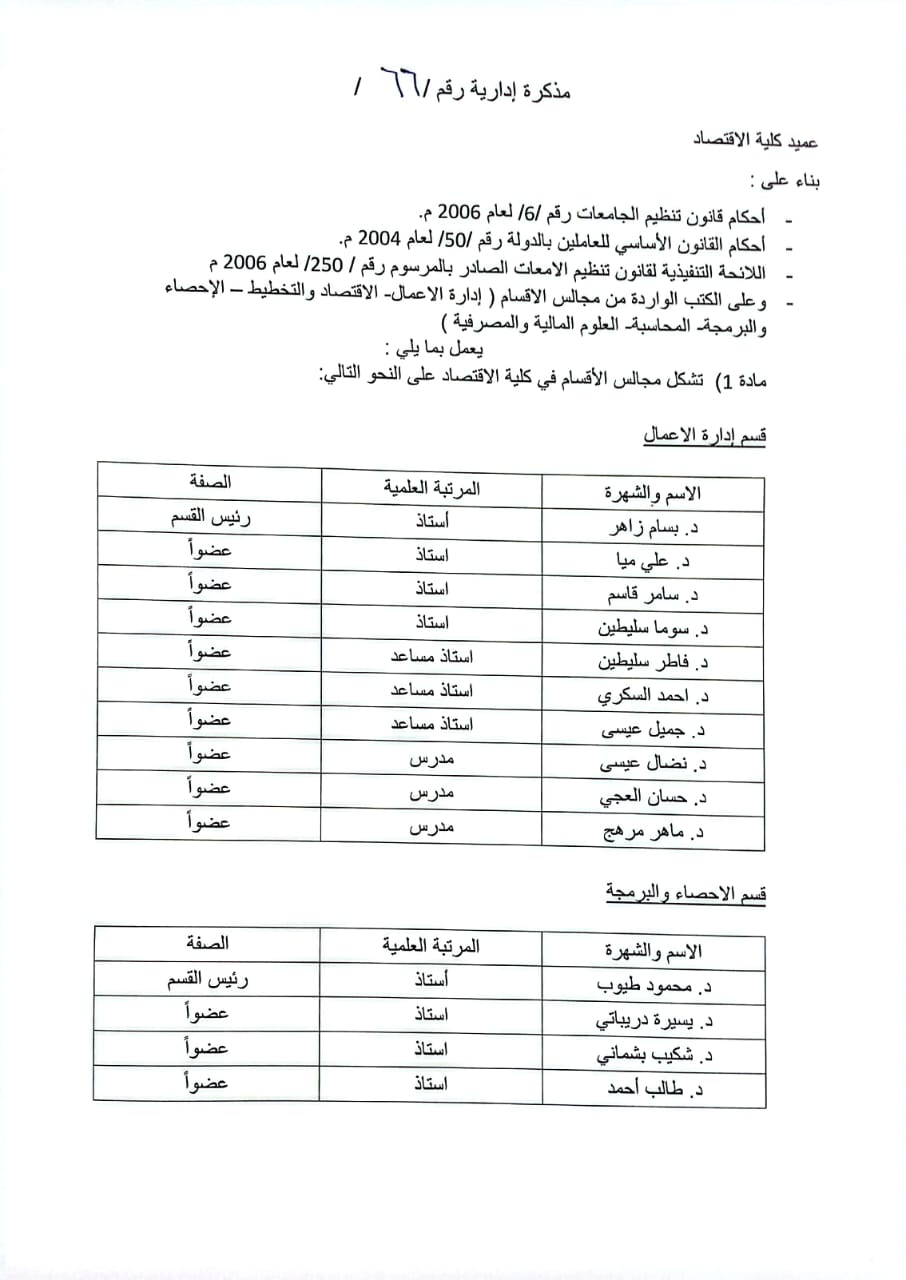قرار عميد الكلية بتشكيل مجالس الأقسام في كلية الاقتصاد