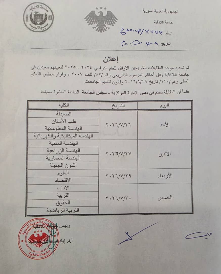 جامعة اللاذقية تحدد موعد مقابلات الخريجين الأوائل لتعيينهم معيدين