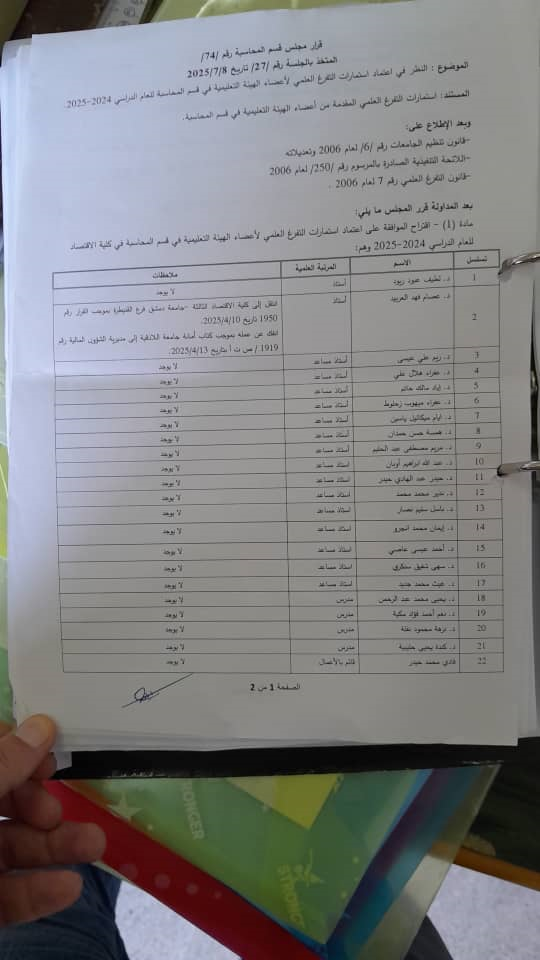 قرارات مجلس قسم المحاسبة رقم 74-75-76-77-79-80-81-82